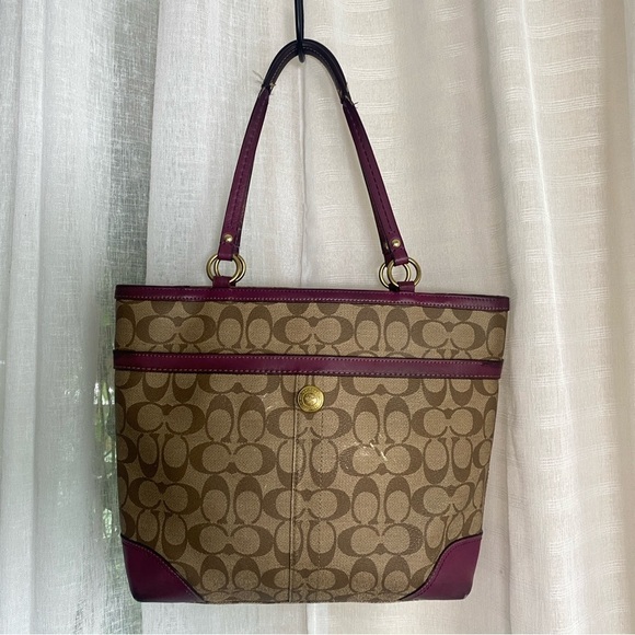 Coach 12358 Signature Coated Heritage Stripe Tote - Berry - Picture 2 of 16